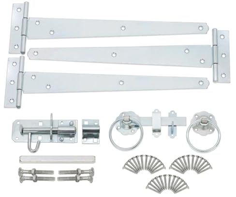 Heavy Duty 12” (330mm) T Hinges (3) with Plain Ring Gate Latch and Brenton Bolt Pack in Galvanized Zinc Finish - Garden Gate Fitting Kit for Wooden Shed Doors  and Garage Gates
