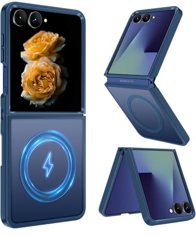 Compatible with Samsung Galaxy Z Flip 7 Fodral med Magnetring, 16FT Militärskydd Slim Genomskinligt Mattat Stöttåligt Telefonfodral - Blå