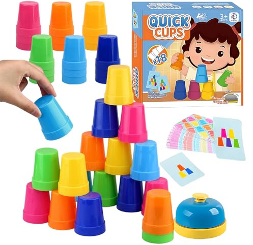 Lot de 74 gobelets empilables pour enfants, avec 18 gobelets de vitesse, 54 cartes et 1 clochette, 1 manuel d'utilisation (français non garanti), gobelets empilables pour l'entraînement des fêtes, jeu