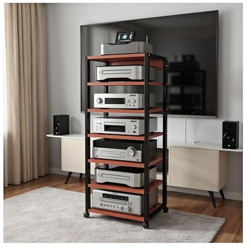 7-Tier HiFi Rack, Wood & Steel Audio Tower with Adjustable Shelves for Turntables & Stereo Systems & Compact System,50 x 40x131 cm(Brown)