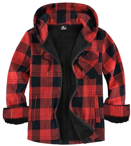 JACKETOWN Giacca Boscaiolo da Uomo Giacca Uomo Foderata Cappuccio a Quadri Flanella con Cerniera Sherpa Trekking Invernale Camicia in Flanella Outdoor(Nero Rosso L)