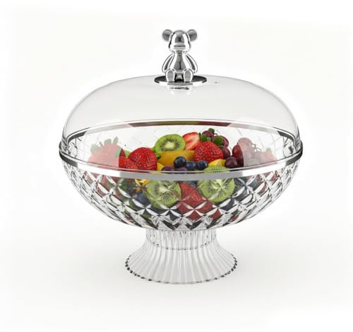 Punorric Fruit Bowl with Lid, Clear Fruit Basket with Removable Drain Tray for Countertop, Large Capacity Round Decorative Bowl for Party Wedding Displaying Vegetable Dessert(Clear Base)