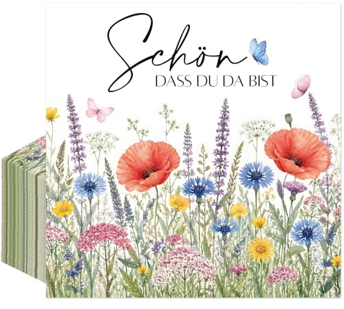 Afritee Geburtstag Servietten Schön Dass Du Da Bist, 50 Stück Blumen Schmetterlinge Geburtstag Papierservietten Tischdeko Tischdekoration für Kommunion Hochzeit Taufe Frühling Ostern Birthday, 33x33cm