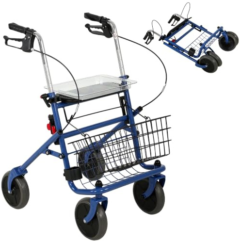 HOMCOM Déambulateur 4 Roues Pliable, Rollator en Acier Inoxydable, Bleu | Siège Rembourré en PU, Poignée Réglable, Panier et Plateau, Hauteur Réglable, Porte-Canne, pour Personnes Âgées
