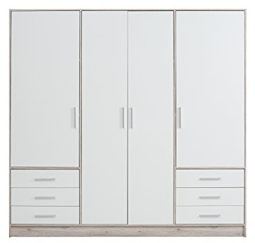 FORTE Jupiter Schrank 200 210, Kleiderschrank, Drehtürenschrank, 4-türig, mit 6 Schubladen und Einlegeböden, Weiß mit Holz Dekor: Sandeiche, 206.5 cm breit x 60 cm tief x 200 cm hoch