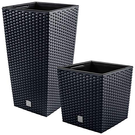 PAFEN 2in1 Set 2X Blumentopf Blumenkübel Rattan-Optik 4 Farben Pflanztopf inkl. Einsatz XL-Set (Anthrazit)