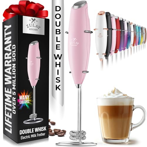 Zulay Kitchen Powerful Double Whisk Milk Frother Handheld - Foam Maker With Stand - Whisk Drink Mixer for Coffee, Mini Foamer for Latte, Matcha, Frappe, Hot Chocolate & Cappuccino - Magnetic Pink