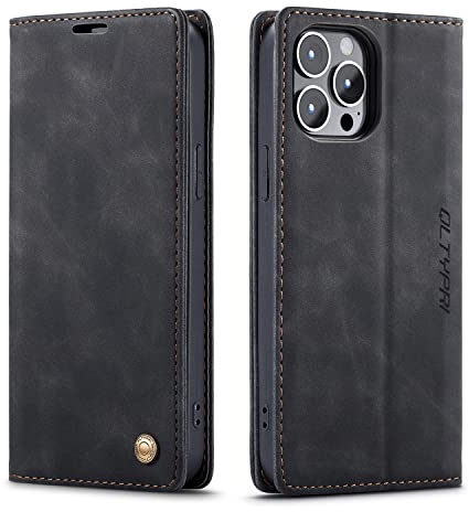 QLTYPRI Hülle für iPhone 13 Pro, Vintage Dünne Handyhülle mit Kartenfach Ständer Ledertasche Klapphülle Schutzhülle Kompatibel mit iPhone 13 Pro - Schwarz