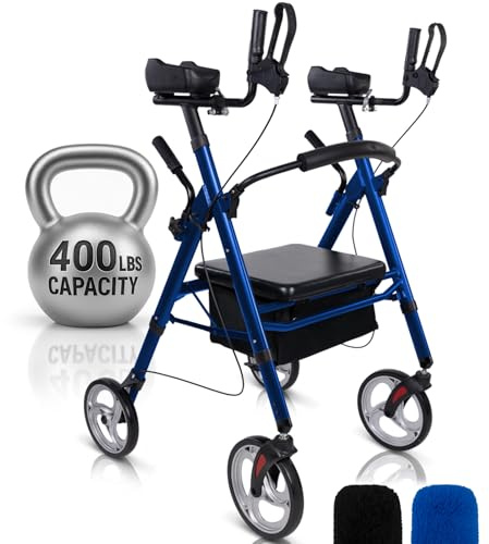 Vive Bariatric Upright Walker with Seat - Heavy Duty Senior Stand Up Rollator, Extra Wide Frame - Padded Armrest & Backrest -Mobility Aid Portable Rolling Walker with Bag - Fits Tall & Large People