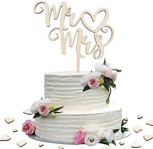 Mr and Mrs Cake Topper Wooden Rustic Wedding Cake Toppers with 50pcs Hearts Table Scatter Wedding Cake Decorations