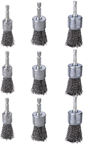 WENORA 9 Pcs Wire Brush Wheel for Drill, Wire Brush for Drill 1-Inch Crimped End Wire Brushes 1/4 Hex Shank for Paint-Surface and Small Spaces