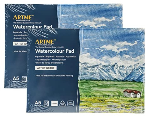 ARTME Bloc Aquarelle A5 Lot de 2, 12 Feuilles 300gsm, Pressé à Froid, Sans Acide, Papier Aquarelle Pro pour Peinture et Croquis