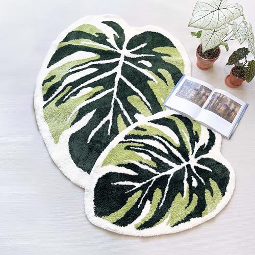 THRILRUG Monstera Getuftete Teppiche mit Blattbereich, rutschfest, Badematte, getuftet, ultraweich, waschbar, Kinderspielpflanze, Blätterform, Kinder, Haustiere, Bodenmatte, Grün, 6.6x9.1 cm