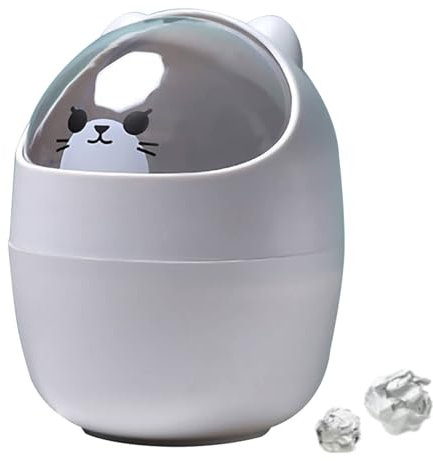 Simpatico mini cestino da scrivania, cestino per la carta straccia a forma di animale di gatto dei cartoni animati con coperchio basculante Mini pattumiera da appoggio Piccolo bidone della(Grigio)