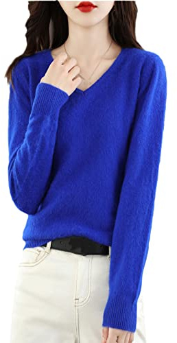 Pull ample en cachemire à col en V pour femme, bleu, XL