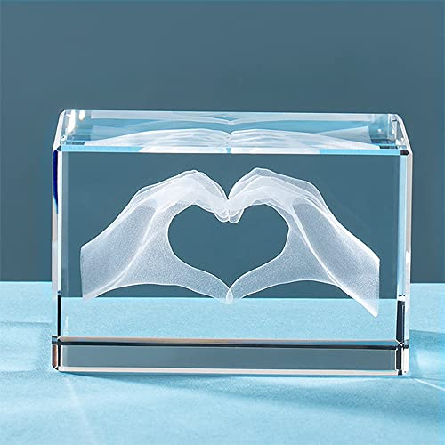 ERWEI Crystal Gifts Engraved Two Hands Form a Heart in Cube Glass Figurines Keepsake Birthday Christmas Encouraging Gifts