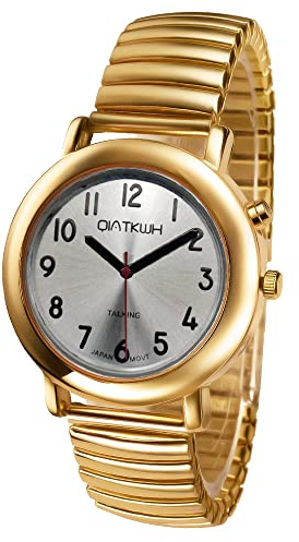 QIATKWH Deutsch sprechende Uhr,Zifferblatt mit Sonnenmuster,Goldschale, Gold verstellbare Länge Edelstahl einziehbares Uhrenarmband, Unisex-Stil für Männer und Frauen