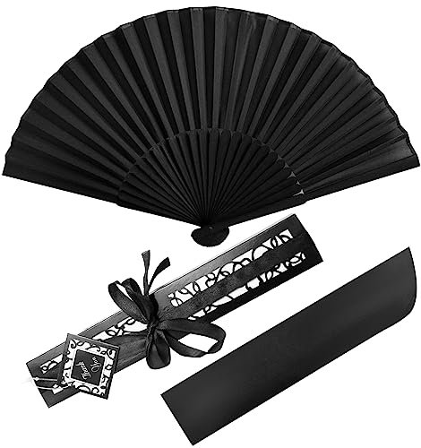 1 Packung Seiden-Faltfächer, schwarz, klassischer Handfächer, 20,8 cm, kleiner Handfächer aus Bambusstoff, chinesischer Vintage-Handfächer mit Etui für Tanz, Aufführung, Hochzeit, Cosplay