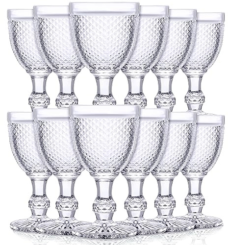 Bokon 12 Pack Purple Glass Goblets Set 10 oz High Clear Wine Glass Vintage Water Goblets Cups Embossed Diamond Design Glassware with Stem for Drinking Juice Liquor Party Wedding Bar
