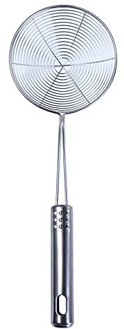 Leadigol Colino lungo in acciaio inox, mestolo, cucchiaio da frittura con manico, utensile da cucina per friggere cibo, olio, pentola, tagliatelle (M)