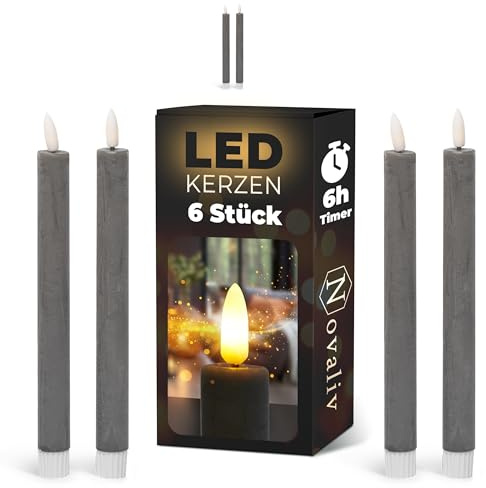 Stabkerzen LED mit Timer GRAU 6 Stück indoor - 6 Stunden - ECHTWACHS 23cm Höhe für Kerzen 2,2cm Durchmesser 2 AAA Batterien notwendig LED Stabkerzen 4er Set GRAU (zwei Mal) bewegliche Flamme Licht