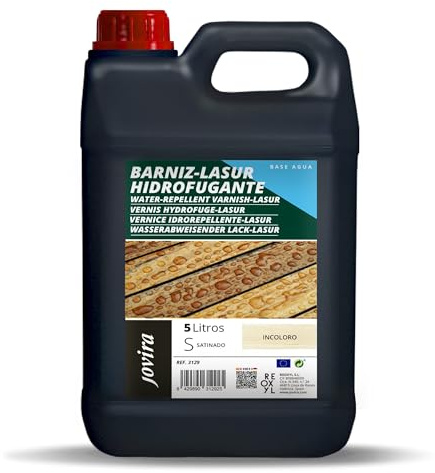 JOVIRA PINTURAS 5L - BARNIZ-LASUR Hidrofugante Protector Satinado al Agua. Protege, decora y embellece todo tipo de madera con efecto perlado. (5 Litros, Incoloro) I-36