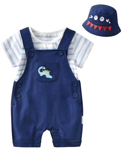 Volunboy Completi Estivi Bambino, Unisex Set di 3 Maglietta a Maniche Corte e Salopette Dinosauro con Cappelli Carino Abito Neonato Tuta