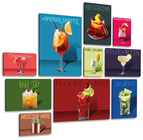 Giallobus - Set 10 Quadri Multi Pannello - 80's Cocktails - Legno MDF - | 2 x 42x29,7cm | 4 x 29,7x21cm | 4 x 21x14,85cm | - Pronti da Appendere - Quadri Moderni per la casa