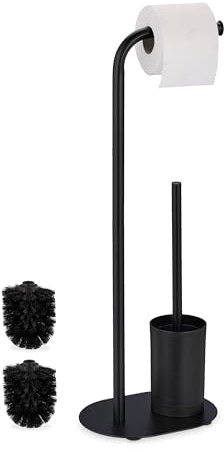 Relaxdays Piantana Portarotolo e Portascopino, HLP 64,5x23x17 cm Porta Scopino e Carta Igienica da Bagno, in Ferro, Nero