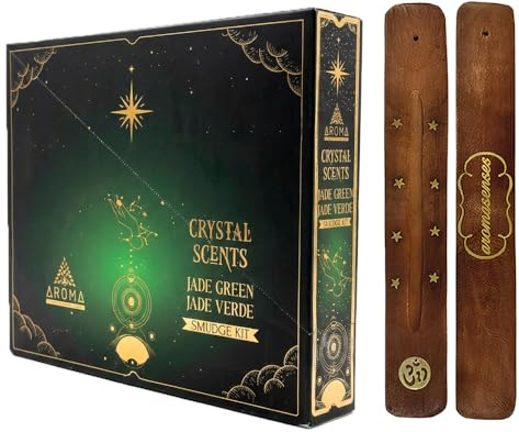 Aromasenses | Arom Kristall Grön Jade Rökelse + 1 Aromasenses Rökelsehållare | Esoteriska Mineraler | Komplett låda med 12 Lådor Rökelse + 12 små lådor med grön jade mineraler