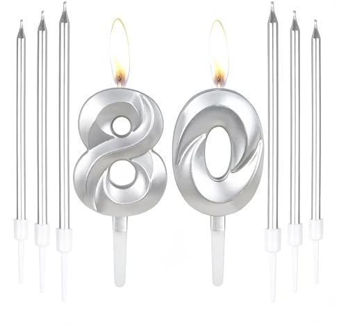 Silberne Kerzen zum 80ste Geburtstagskerze, Zahl 80 Kerzen mit 6 Langen Kerzen, Geburtstagsparty Kuchen Dekoration für Geburtstag, Party, Hochzeitstag