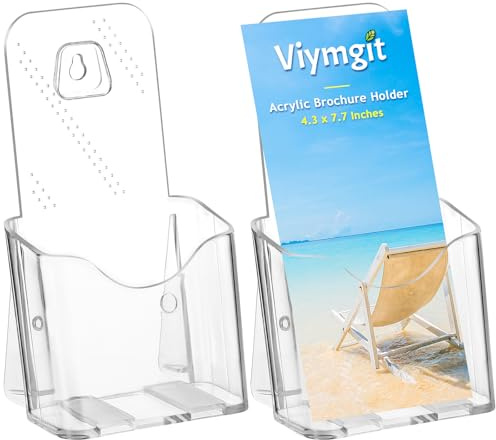 Viymgit DL Portrait Leaflet Holder, 2-Pack 1/3 A4 Size Clear Acrylic Brochure Display Holder, Wall Mount/Countertop Single Pocket Dispenser for Literature, Booklet, Flyer & Menu