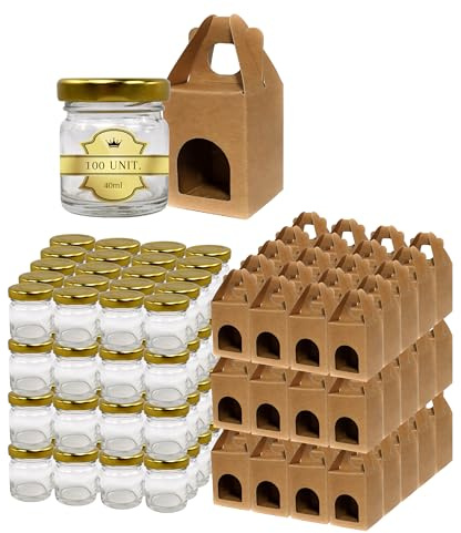 Espirito Rebelde Lot de 100 pots en verre vides avec couvercle de 40 ml avec 100 bôites en carton pour 1 pot de confiture - Pour confitures, conserves, miel- Cadeaux Mariage