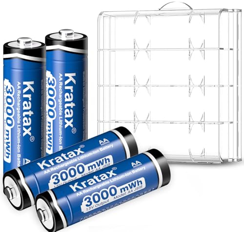 Kratax Rechargeable Lithium AA Batteries 4Pack - 3000mWh High Capacity Constant Output 1.5V AA Rechargeable Battery,1600 Cycles Long-Lasting Li-ion Double aa Size,Max 3.8A Discharge - Only Battery