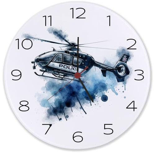 speecheese Police Hubschrauber Wanduhr aus Glas Polizei Einsatz Fluggerät für Sicherheit Fliegen mit Luftfahrt Rettung Ideal für Fans der Polizeihubschrauber