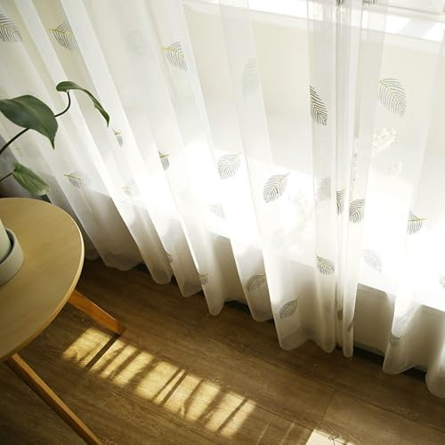 Aotiwe Küchengardinen Fenster Set, Gardinen Ösen Blätter Gestickt Weiß Kitchen Curtains for Window Polyester 2er Set 137 x 214cm