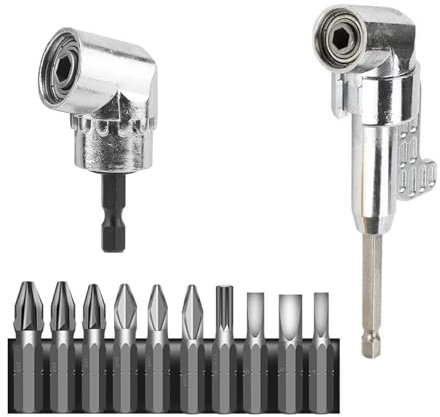 2Pcs 105° 1/4 Inch Right Angle Drill Adapter with Hex Shank Screwdriver Angled Drill Extension Bit Holder and 10pcs Screwsriver Bits