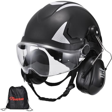 SAFEYEAR Casco de protección para Adultos con Gafas Protectoras contra arañazos, Orejeras, Casco de Seguridad ABS EN397, Correa de Barbilla, Correa Reflectante y Orificios de ventilación
