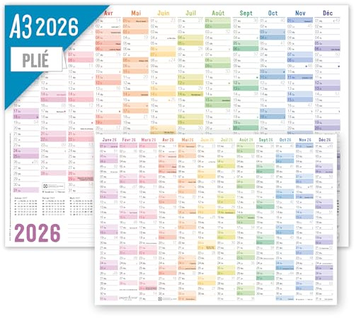 Häfft® Calendrier mural 2026 A3 en français (42 x 29,7 cm) plié Rainbow, agenda mural avec jours fériés français + calendrier extra A4 - durable & respectueux au climat