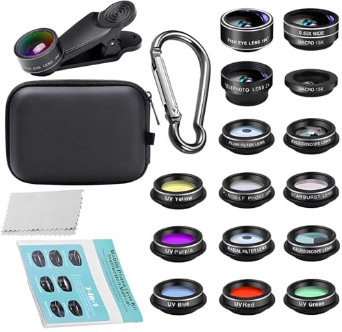 Kit de lentes móviles 15 en 1 con gran angular, macro, ojo de pez, teleobjetivo y filtros de efectos especiales para fotografía creativa