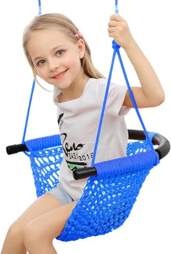 ROPECUBE Hand-Knitting Toddler Swing, Swing Seat for Kids with Adjustable Ropes, for Outdoor Indoor, Playground, Backyard (Blue)