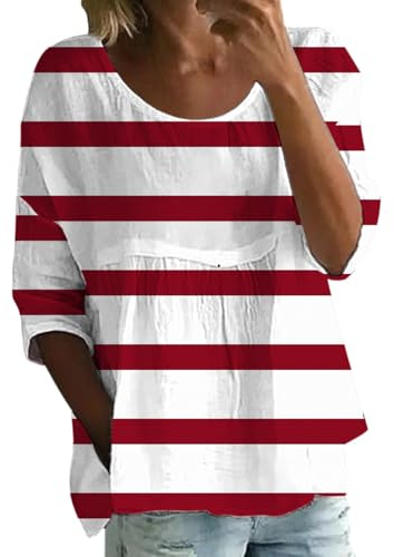 Camiseta a rayas para mujer, manga 3/4, cuello redondo, blusa vintage, túnica, verano, elegante, blusa de verano, suelta, ligera, blusas y túnicas para mujer, rojo4, M