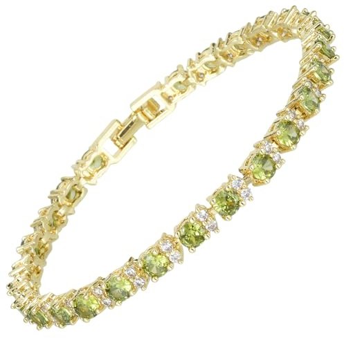 Rizilia Oro amarillo oro amarillo 18 K de piedra preciosa de Birthstone chapada [180 mm / 7 pulgadas] Pulsera de tenis elegante moderna [bolsa de joyas gratis], mediano, Latón, Circonita cúbica