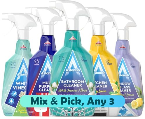 Astonish Mix & Match Any 3 Household Cleaning Products – Kitchen Cleaner, Bathroom Spray, Glass & Window Cleaner, White Vinegar, Multi-Purpose Cleaner with Bleach – 750ml Each