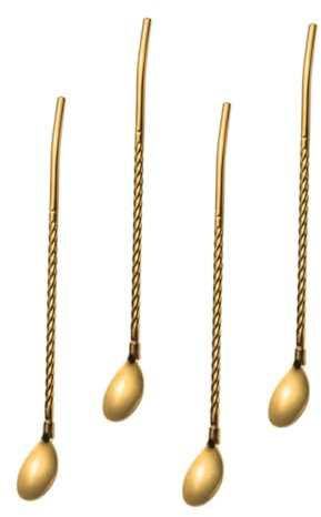 LOLIPPYY 4 piezas Cucharas Reutilizables de Acero Inoxidable Dorado con Pajita para Helados Cócteles y Bebidas Utensilios Duraderos Multifunción para Postres y Batidos