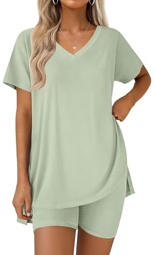 Ekouaer Pajamas for Womens Set 2 Piece Lounge Set Lightweight Summer Pjs Biker Shorts Sets V-Neck Tops Matching Outfits Set