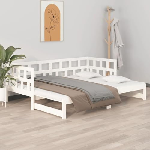 Mokuyary Tagesbett Ausziehbar Weiß Massivholz Kiefer 2X(90x200) cm, Schlafsofa Bett mit Lattenrost Bettgestell, Gästebett Couch Bett ohne Matratze Sofabett für Wohnzimmer, Schlafzimmer