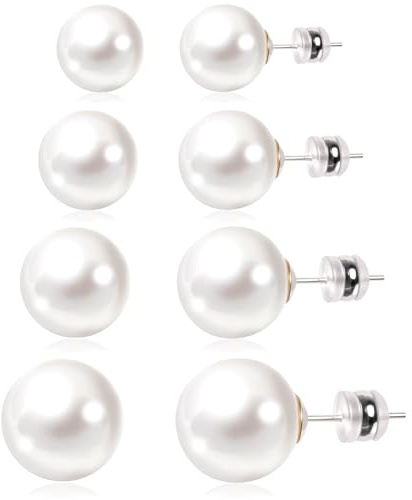 4 Pairs Pearl Stud Earrings Set for Women,925 Sterling Silver Hypoallergenic Earrings stud with Non-Slip Ear Backs,stud Round Large size Simulated pearl 6mm-12mm