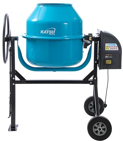 KATSU Tools Electric Concrete Mixer 180L - 800W Heavy-Duty Cement Mortar Mixing Machine with Cast Iron Ring Gear, Pedal Drum Lock & Tipping Wheel, Ideal for DIY and Construction, Model 167346