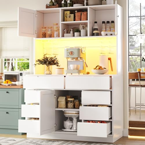Ktipm Armario Cocina Moderno con Iluminación LED y 8 Cajones, Alacena de Cocina con 3 Puertas y Estante Ajustable, Aparador Cocina Mueble Auxiliar con Dispositivo Antivuelco, 120x40x183.5 cm, Blanco